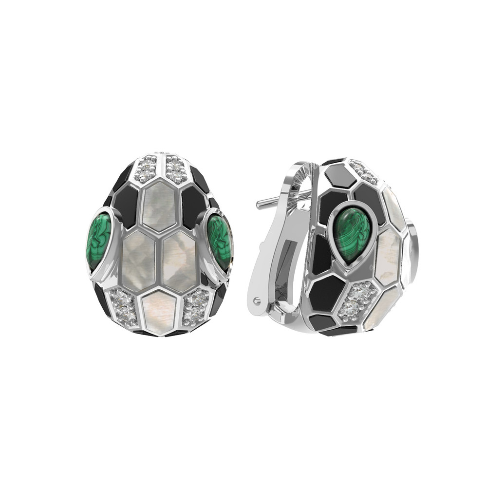 Серьги из белого золота c бриллиантами, рубином, ониксом, малахитом и перламутром