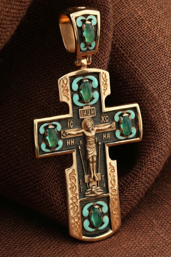 Крест из золота c эмаль и хризопразом