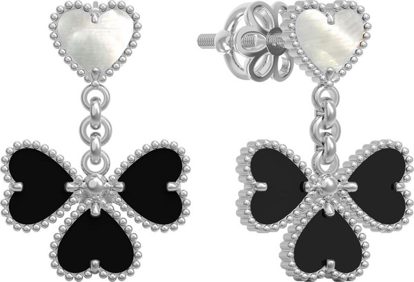 Серьги из белого золота c ониксом и перламутром