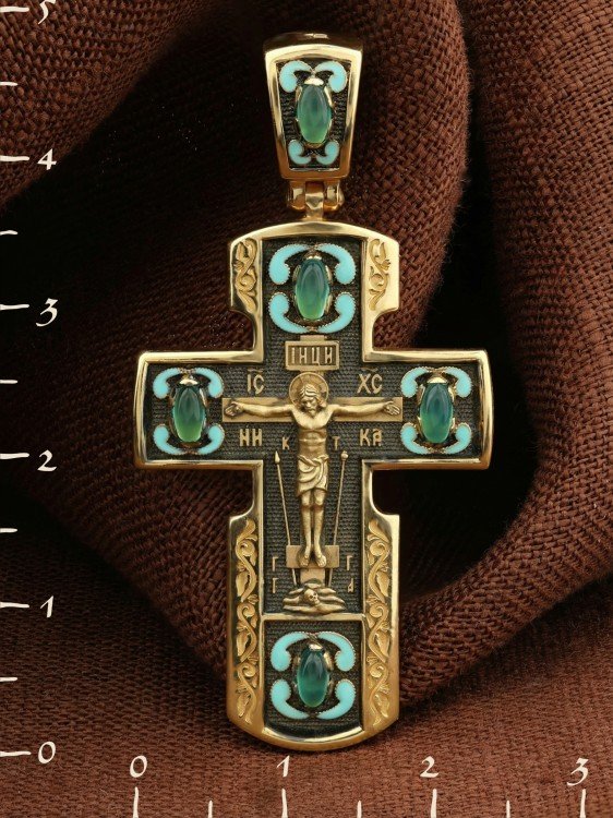 Крест из лимонного золота c эмаль и хризопразом
