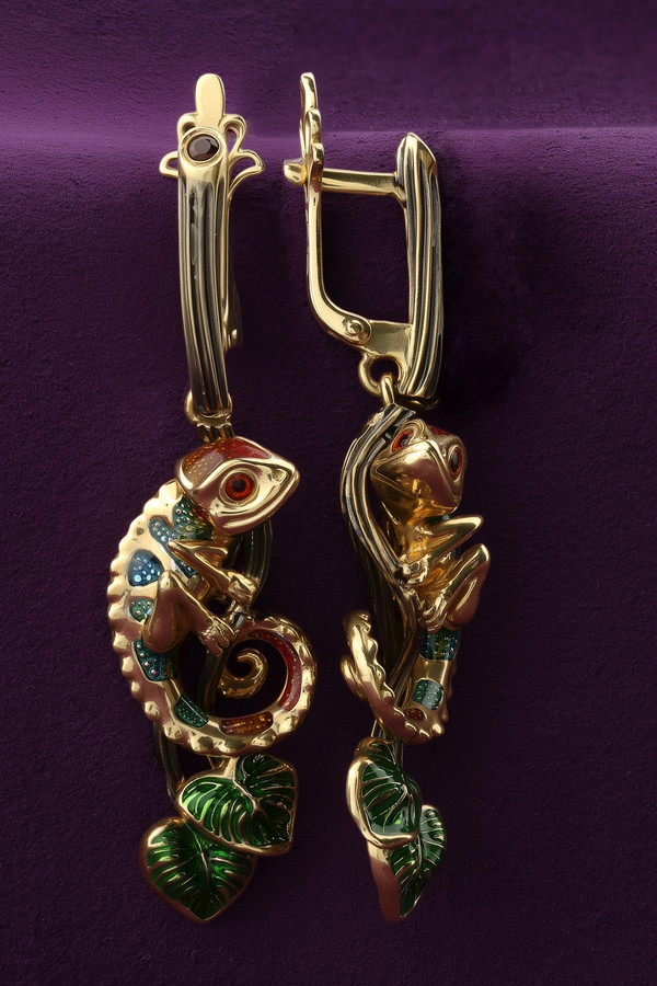 Серьги из лимонного золота c эмаль и гранатом