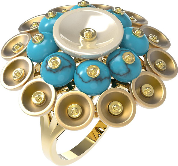 Кольцо из лимонного золота c бирюзой и перламутром