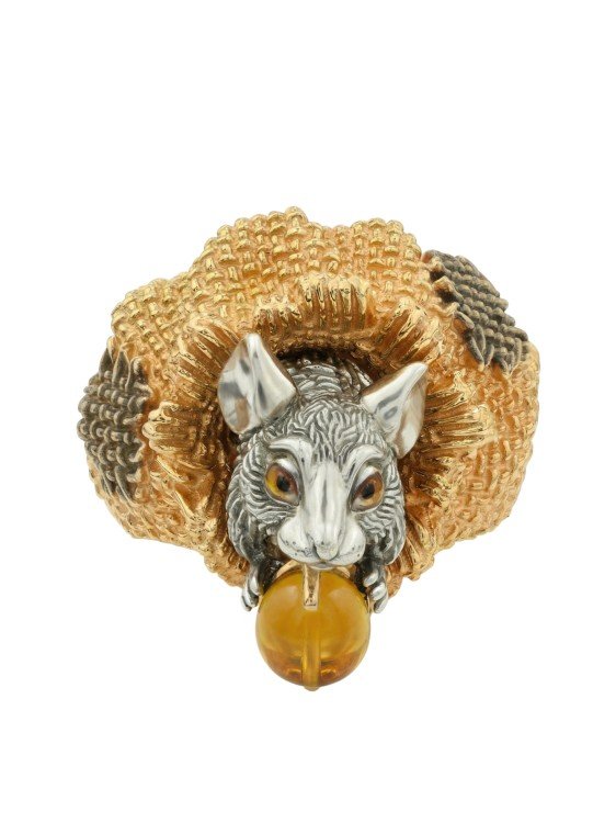 Кольцо из лимонного золота c эмаль и янтарём