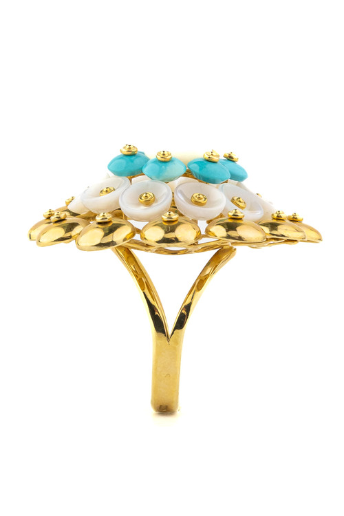 Кольцо из лимонного золота c бирюзой и перламутром